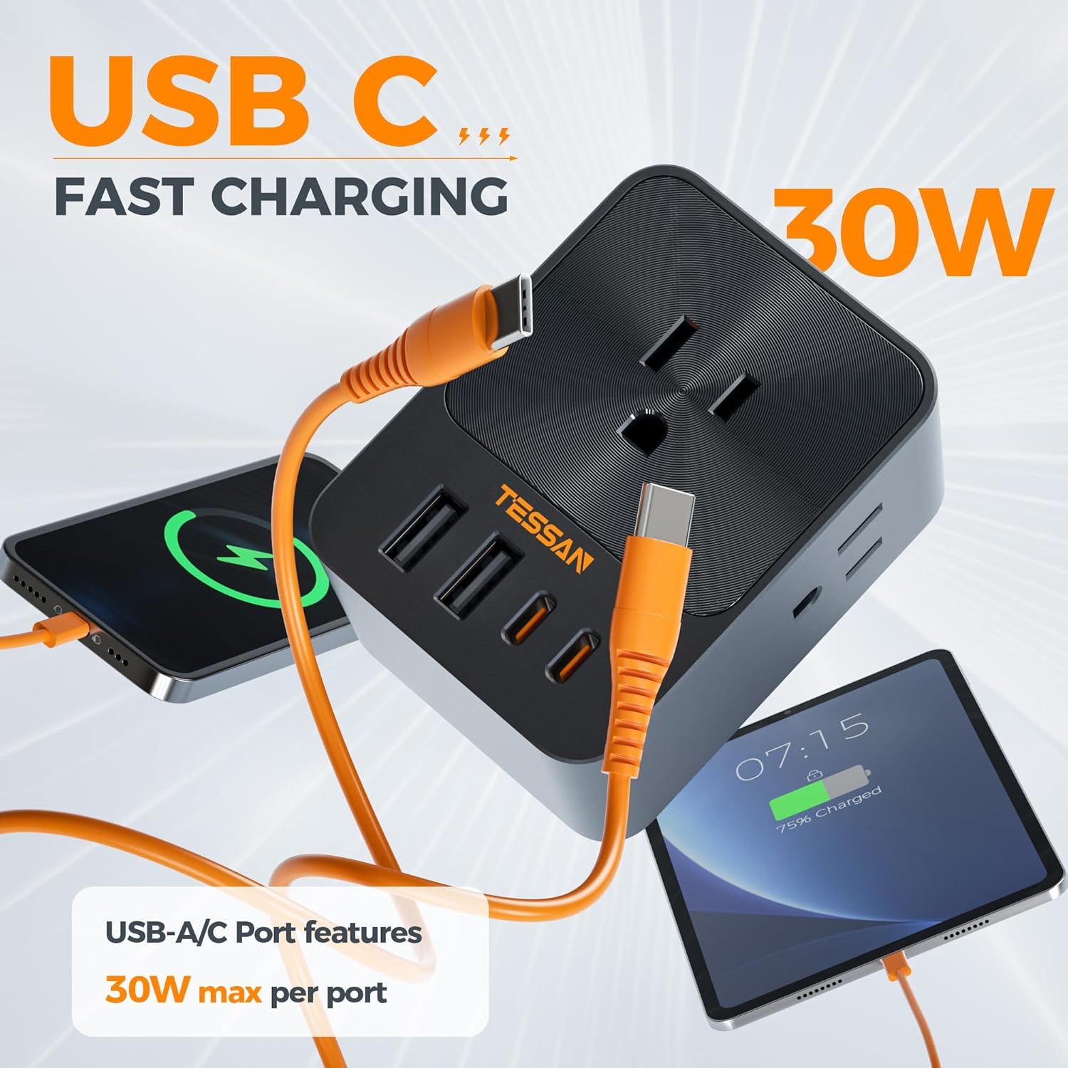 30W Wall Charger, TESSAN Fast Charging Multi Plug Adapter with 3 Outlet Extender Surge Protector, Multiple Plug with 4 USB Block Power Delivery (2 USB C Ports) for Home Office Essentials