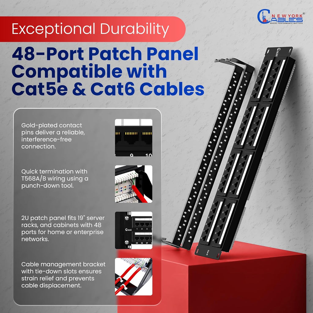 NewYork Cables 48 Port Cat6 Patch Panel – 10Gb Ethernet, 2U Rackmount 19-Inch, Color-Coded T568A/B Labels, Unshielded, 110/Krone Compatible, Black