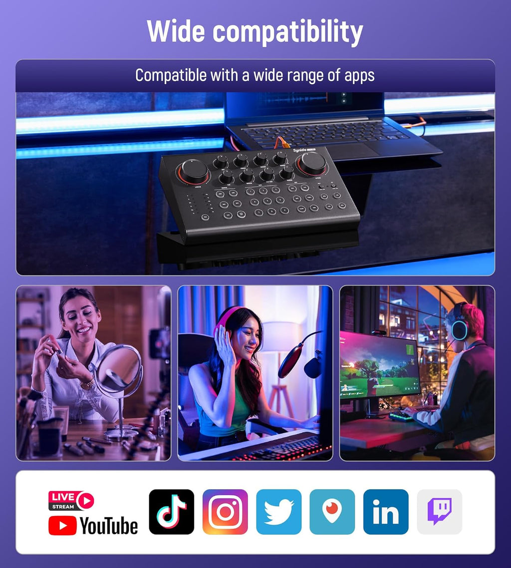 Synido Podcast Equipment Sound Card, Audio Interface Mixer with Pro-preamp, 48V Phantom, 9 Customize Sound Pads, XLR, 1/4", 1/8" Inputs for Live Streaming/Music Recording/Gaming/PC/Guitar, Black