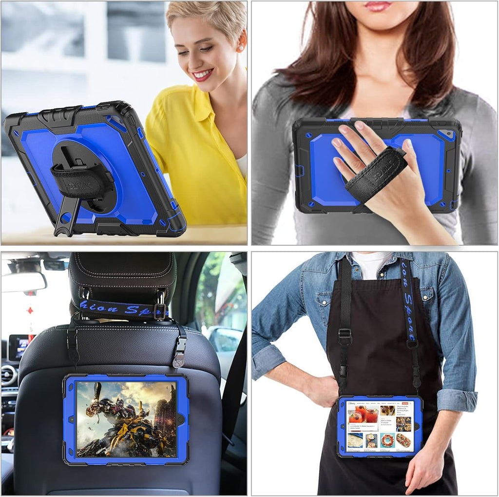 SEYMAC stock Case for iPad Air 3 2019 / Pro 10.5'' with Screen Protector Pen Holder [360° Rotate Hand Strap/Stand], Drop-Proof Case (Blue+Black)
