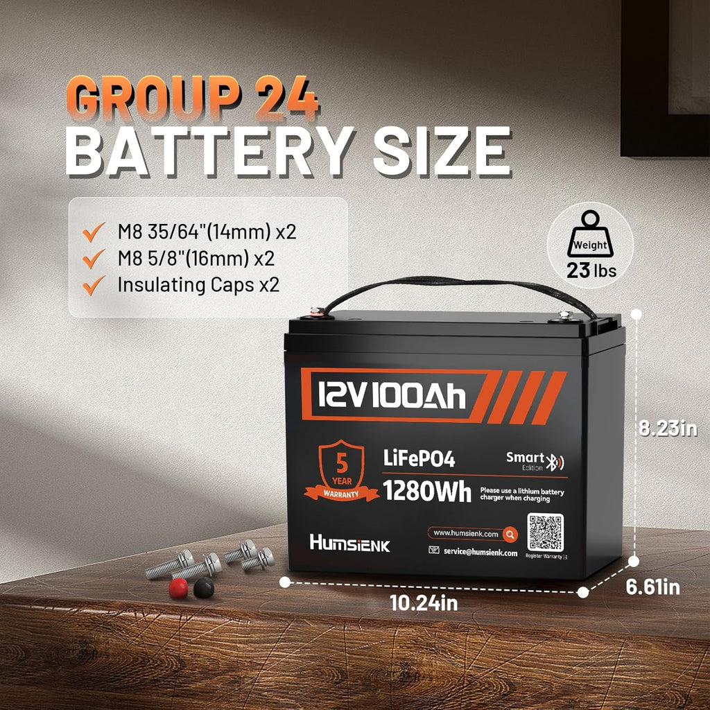 12V 100Ah LiFePO4 Lithium Battery with Bluetooth - 2PCS, BCI Group 24 15000+ Deep Cycle Battery, Built-in 100A BMS & Low-Temp Protection, for RV/Marine/Trolling Motor/Off-Grid/Home Backup