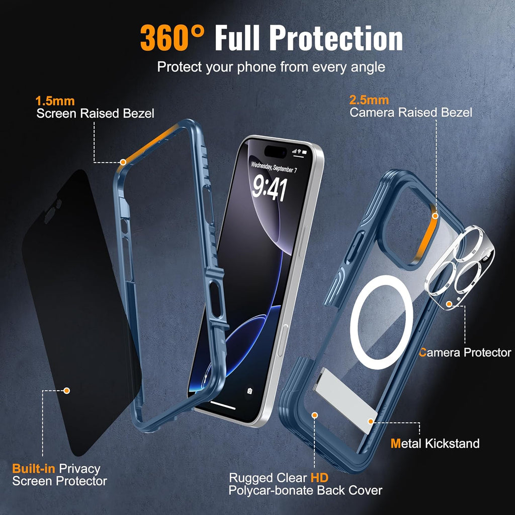 360° Protection Magnetic for iPhone 16 Pro Case Built-in 9H Privacy Screen Protector & Metal Stand[Fit for Magsafe][Anti-Spy][Lens Protector] Heavy Duty Shockproof Phone Case for iPhone 16 Pro