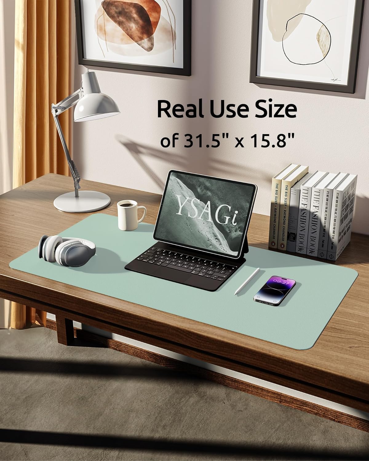 YSAGi Leather Desk Protector, Office Mat, Large Mouse Mat, Non-Slip PU Leather Blotter, Laptop Pad, Waterproof Writing Pad for Office and Home (Pale Green, 31.5" x 15.8")