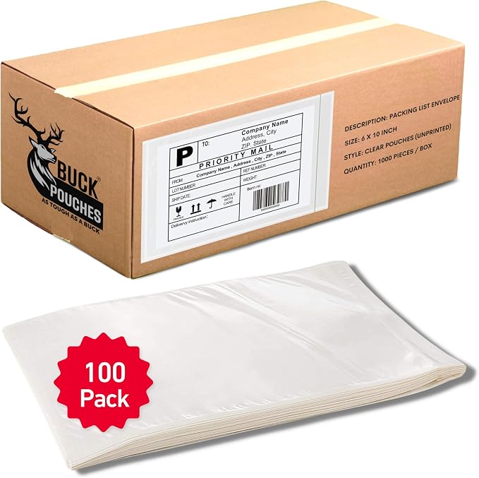 100 Pack 6"x10" Shipping Label Sleeves – Clear Self-Adhesive Packing Slip by BuckUSA
