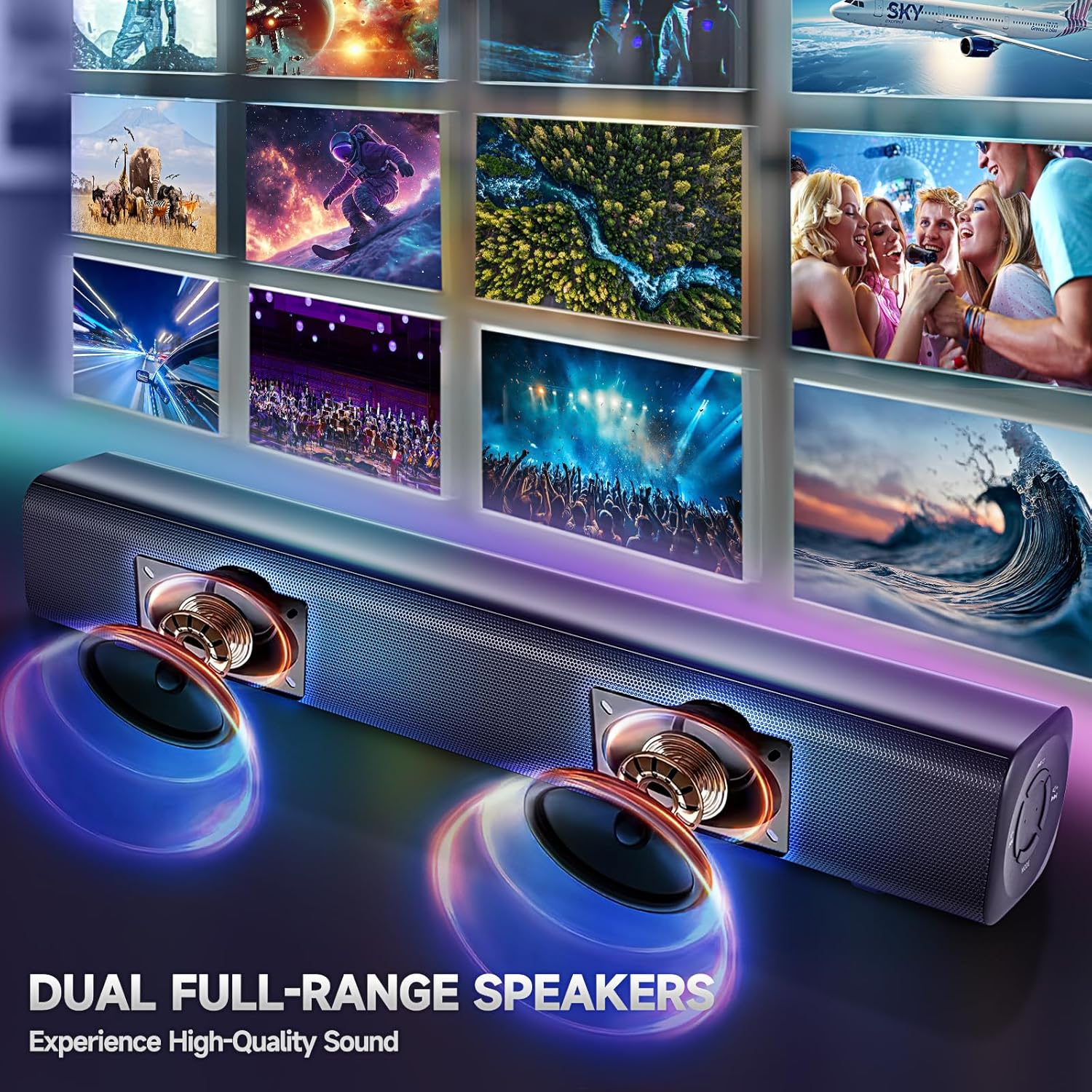Sound Bar Speakers Bluetooth Wireless, TV Speakers Sound Bar Subwoofer, Home Theater Surround Sound Bar HDMI(ARC) Optical AUX USB 2.1ch Home Audio Sound System TV PC Wall Mount, Ebblack