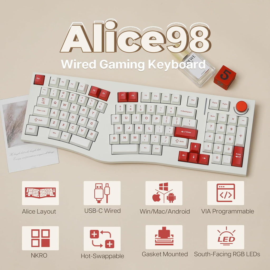 Feker Alice98 Ergonomic 98 Keys Custom Mechanical Keyboard, VIA Programmable, USB-C Wired Gaming Keyboard, Hot Swappable, 5 Layer Paddings, Control Knob, NKRO, RGB for Win/Mac (Beige)