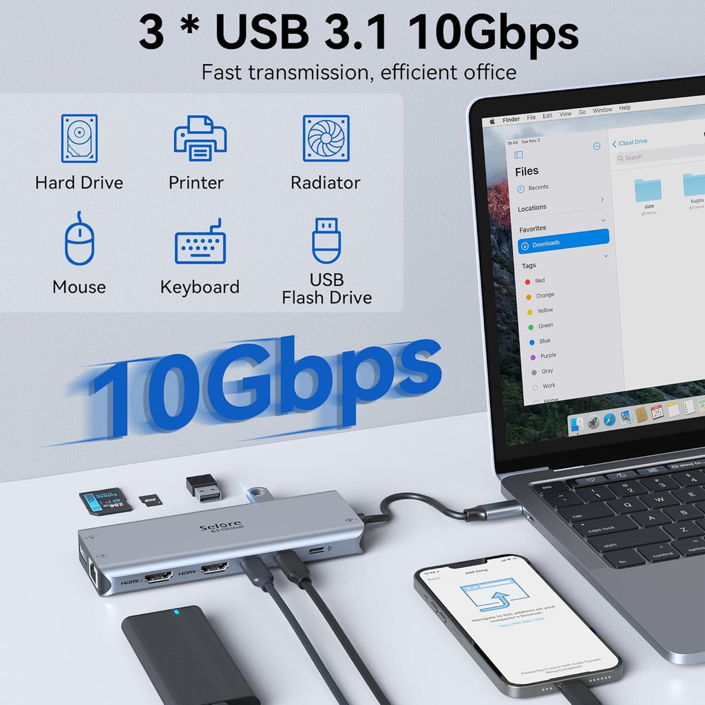 Selore Laptop Docking Station Dual Monitor, USB C Hub,USB C Docking Station with Dual HDMI,DP,10G USB A/C,100W PD,5 USB A/C Ports,Triple Display Laptop Docking Station for Dell,Hp,Lenovo,MacBook.etc