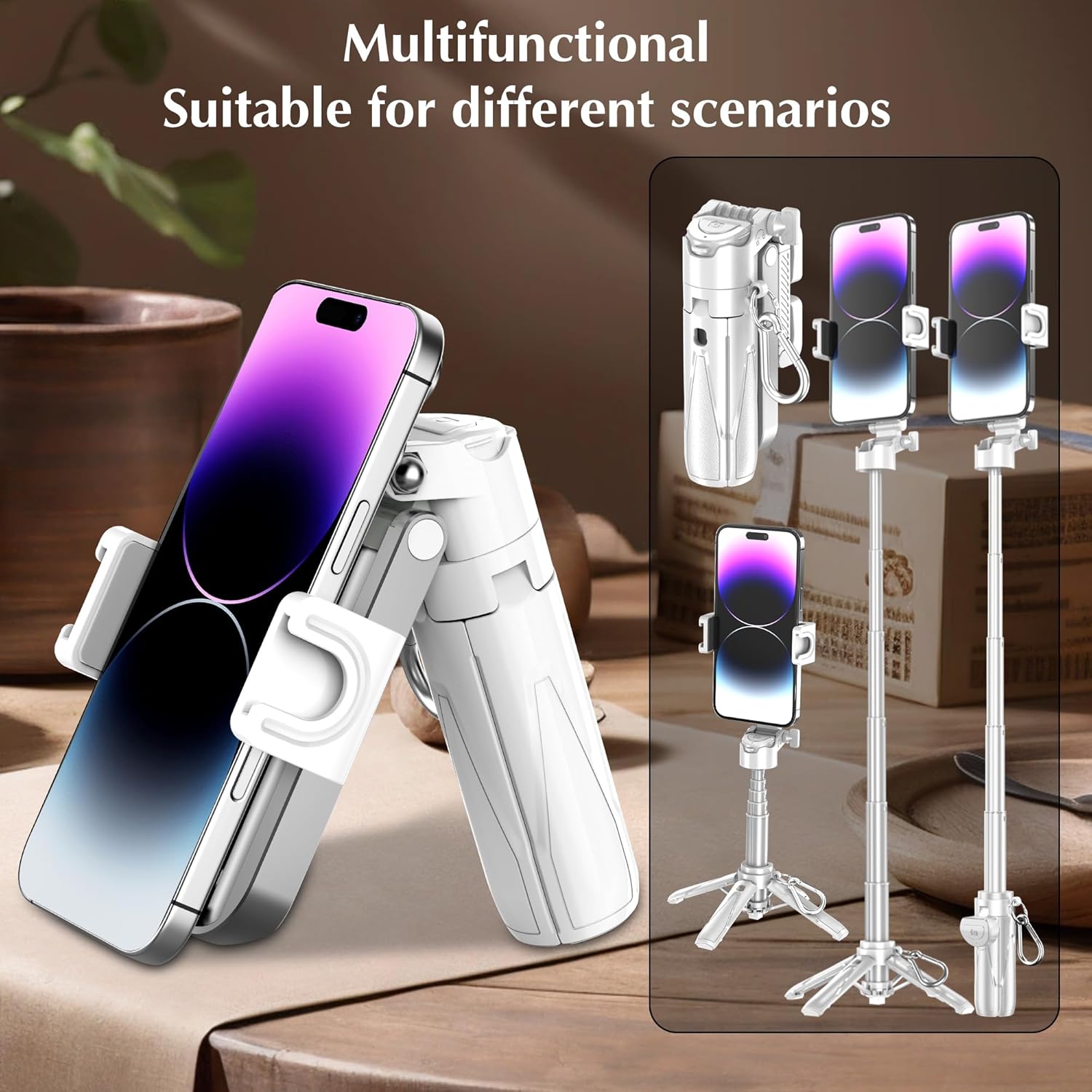 Mini Selfie Stick Tripod, Extendable Grip Phone Tripod with Detachable Remote Pocket Size, 4-in-1 Mini Phone Grip, 10m Wireless Shutter, Vlog Livestreaming Photography （White）