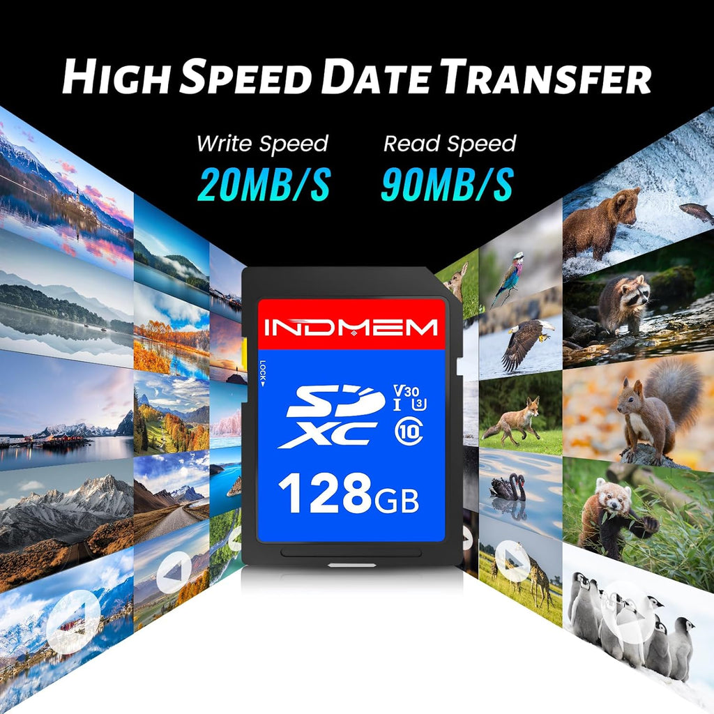 INDMEM SD Card 128GB 6-Pack, Class 10 128GB High Speed up to 90M/S Full HD Video Flash Memory Card MLC Standard Secure Digital Cards Camera Cards
