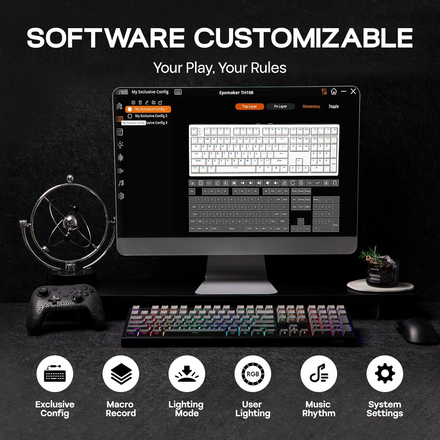 EPOMAKER TH108 Full Size Mechanical Keyboard, Wireless Gaming Keyboard with 8000mAh Battery, Creamy Gasket, 108 Keys, Hot Swap, Custom Driver, RGB Backlight (Black, Creamy Jade)