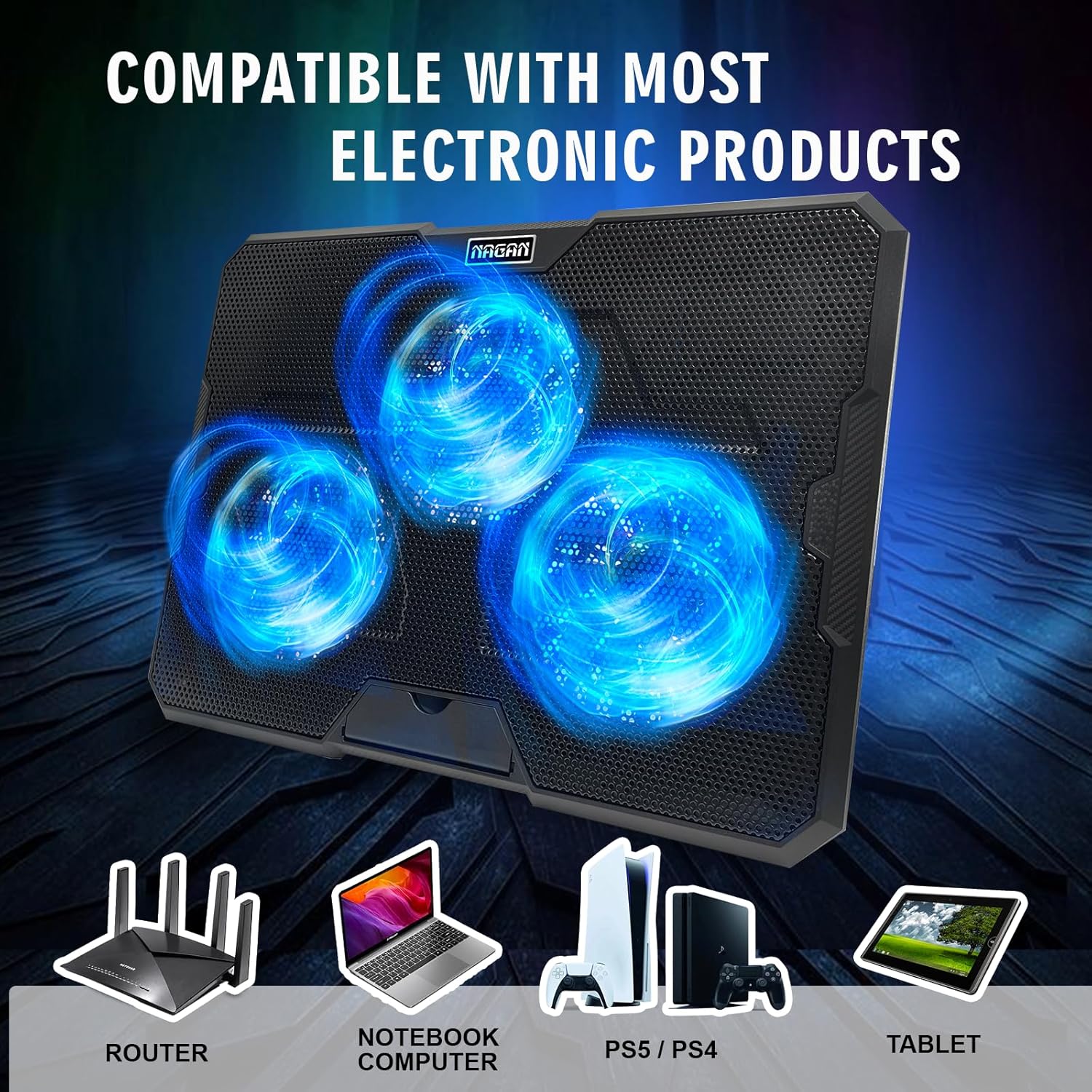 NAGAN Laptop Cooling Pad with 3 Fans, Ergonomic Cooling Pad for Laptop with Dual USB 2.0 Ports, USB Powered Metal Mesh Gaming Notebook Cooler, Fits 15-17.3 inch Laptops
