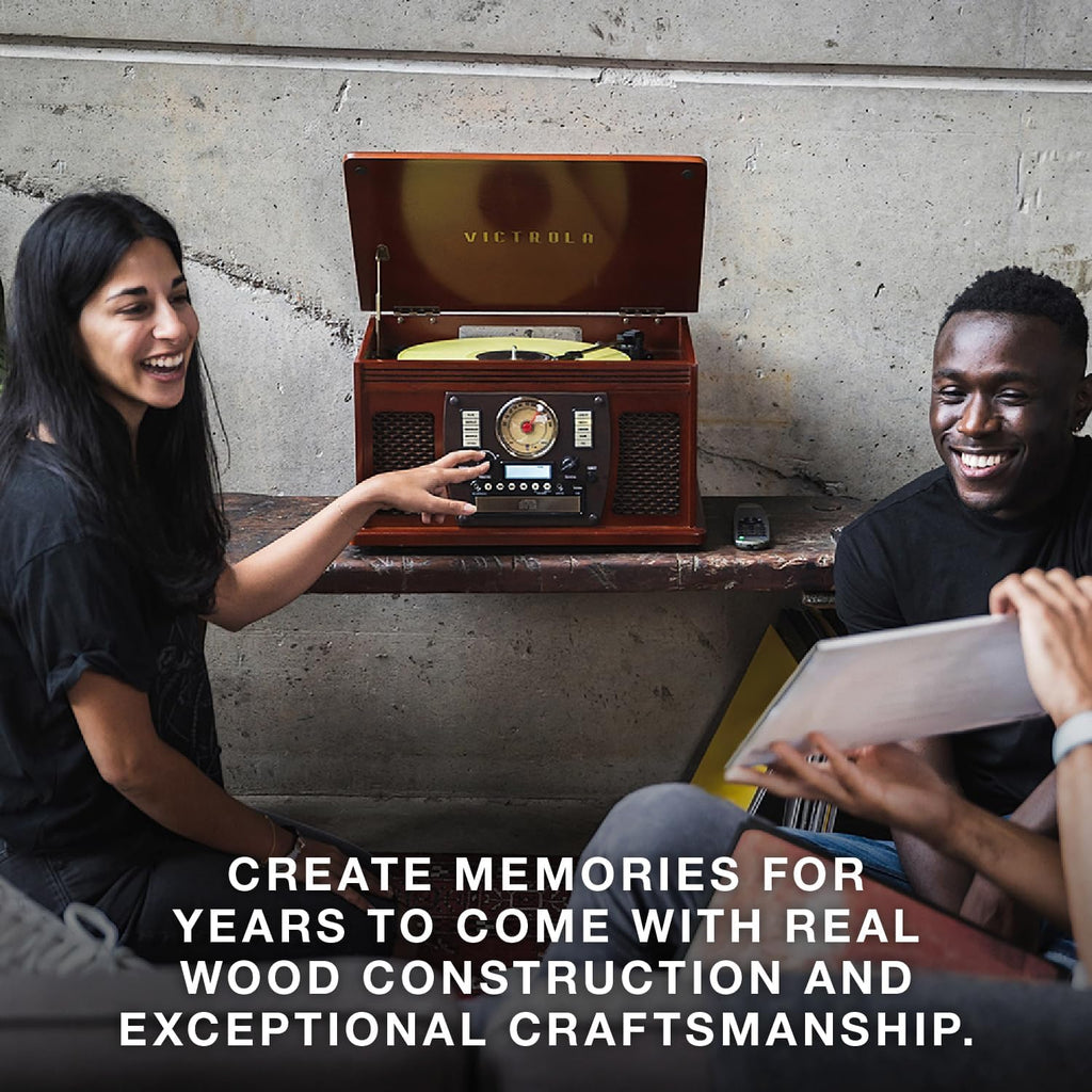 Victrola Navigator 8-in-1 Bluetooth Record Player with Built-in Speakers – 3 Speed Turntable, CD Player, Cassette, FM Radio, USB, RCA Out, Headphone Jack, Wireless Music Streaming, Real Wood (Oak)