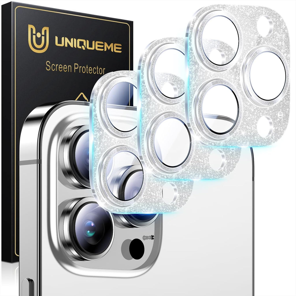 UniqueMe 3 Packs Compatible for iPhone 14 Pro Max/iPhone 14 Pro Camera Lens Protector Acrylic [Not Glass],[Case Friendly][Scratch-Resistant][Night Shooting Mode]-Glitter Silver