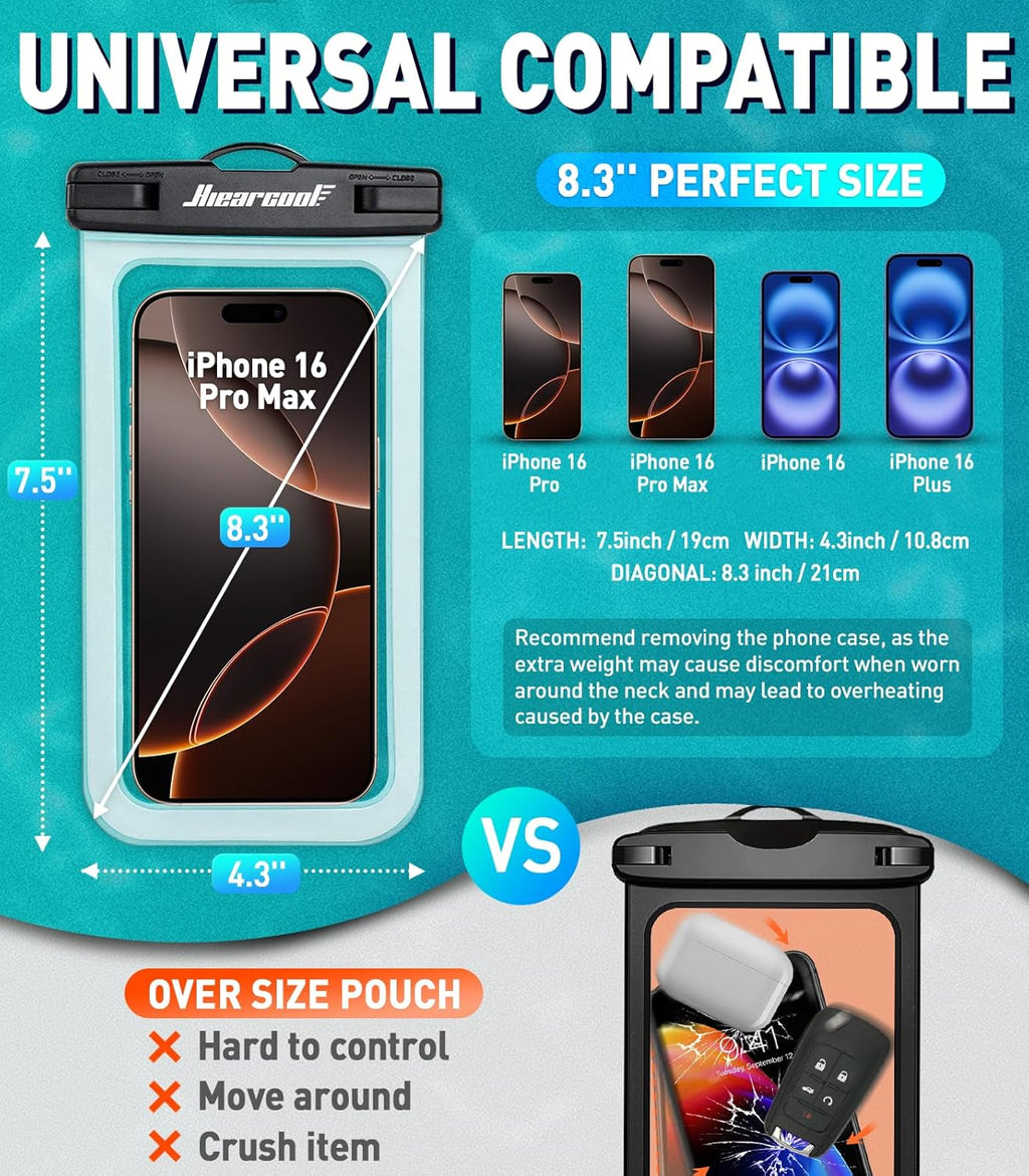 Hiearcool Waterproof Phone Pouch, Waterproof Phone Case, IPX8 Cellphone Dry Bag Compatible for iPhone 16 15 14 13 Pro Max Plus Cellphone Up to 8.3", Beach Essentials for Travel-Clear-4Pack