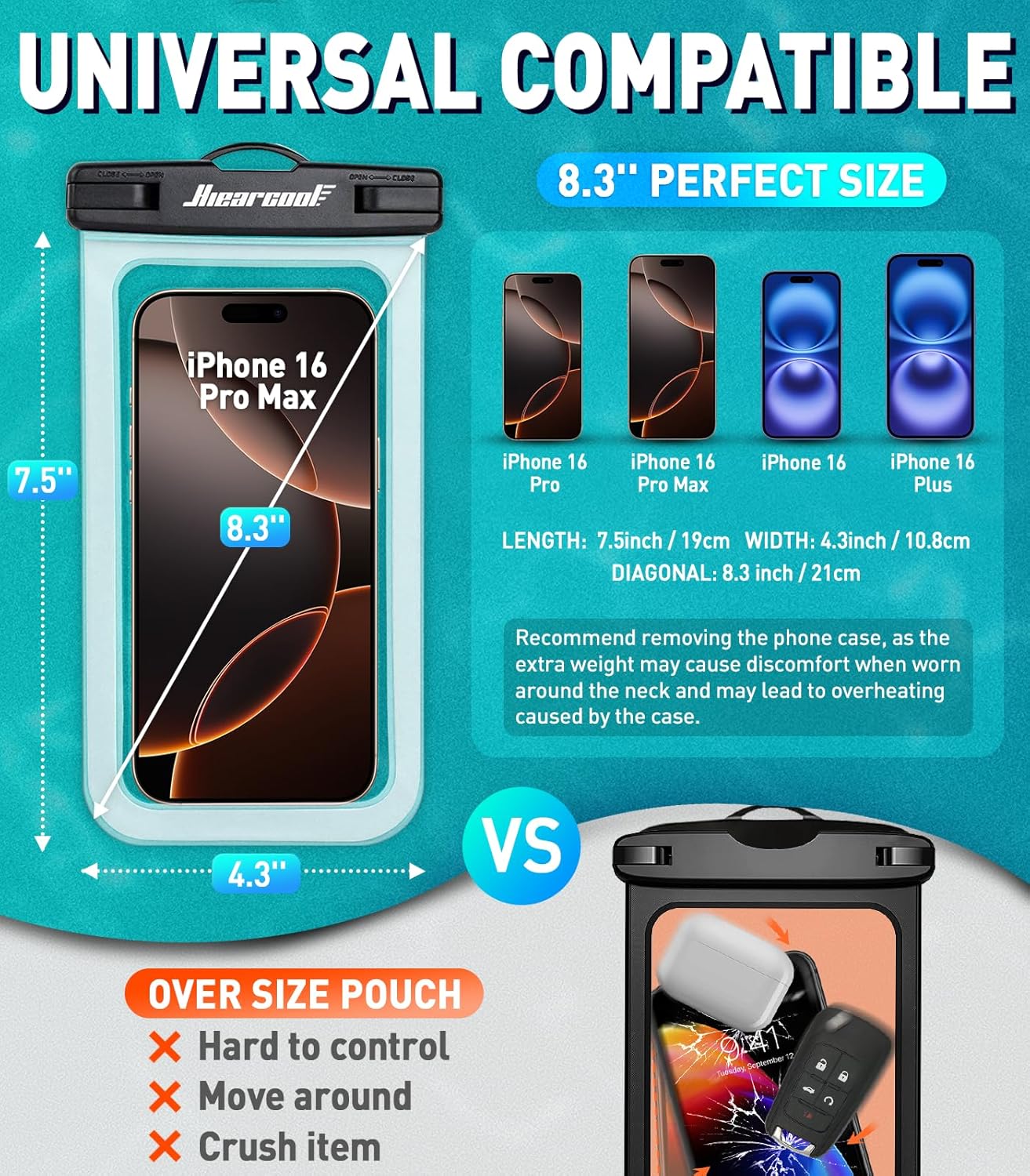Hiearcool Waterproof Phone Pouch, Water Proof Phone Case for iPhone, Waterproof Cell Phone Dry Bag for Cruise Travel Vacation Essentials Large Waterproof Phone Holder 4 Pack-Black&Clear