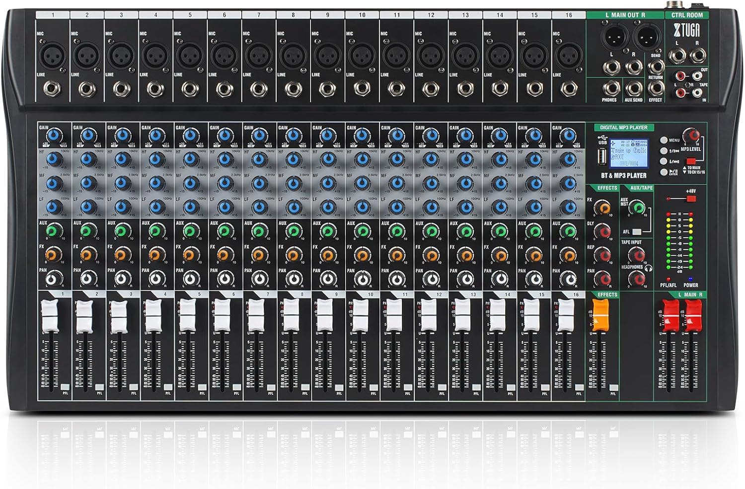 XTUGA 16 Channel Audio Mixer Sound Board Mixing Console, Audio Interface PC USB Bluetooth with 48V Phantom Digital Effect for DJ Live Recording Studio Karaoke(CT160)