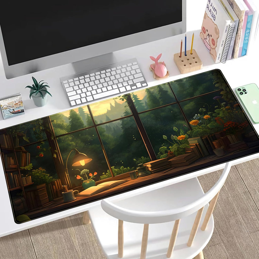Anime Dark Green Plants Desk Mat Cute XXL Large Extended Mouse Pad Gaming, Lofi Aesthetic Computer Laptop Keyboard and Mouse Mat, Desk Accessories for Women Office Decor Mousepad, 31.5x15.75 in