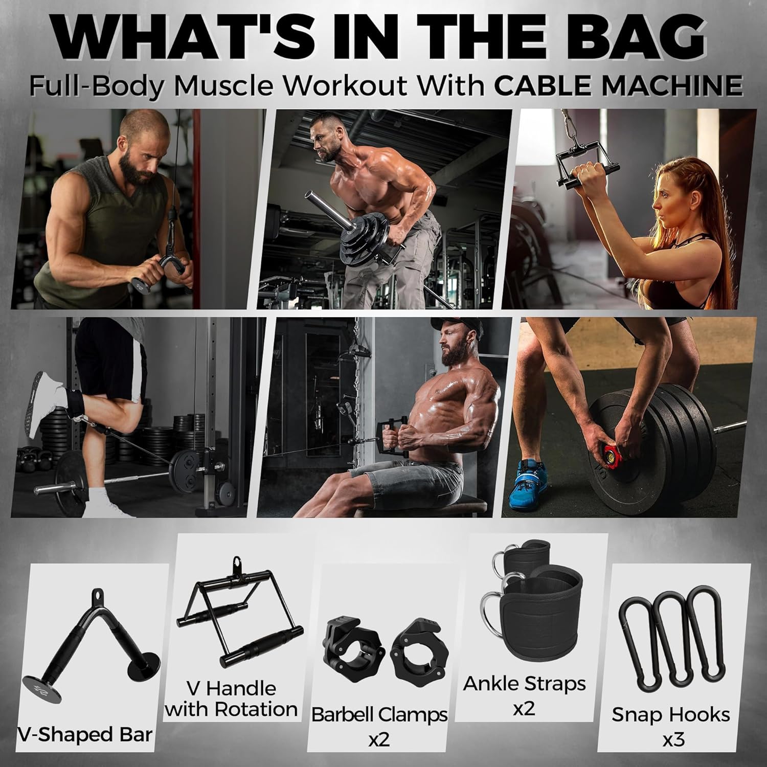 Mikolo Cable Attachments for Gym, Heavy-Duty Cable Machine Attachment Set with LAT Pulldown, V Bar, Double D Handle, Ankle Straps, and Barbell Clamps for Home Gym