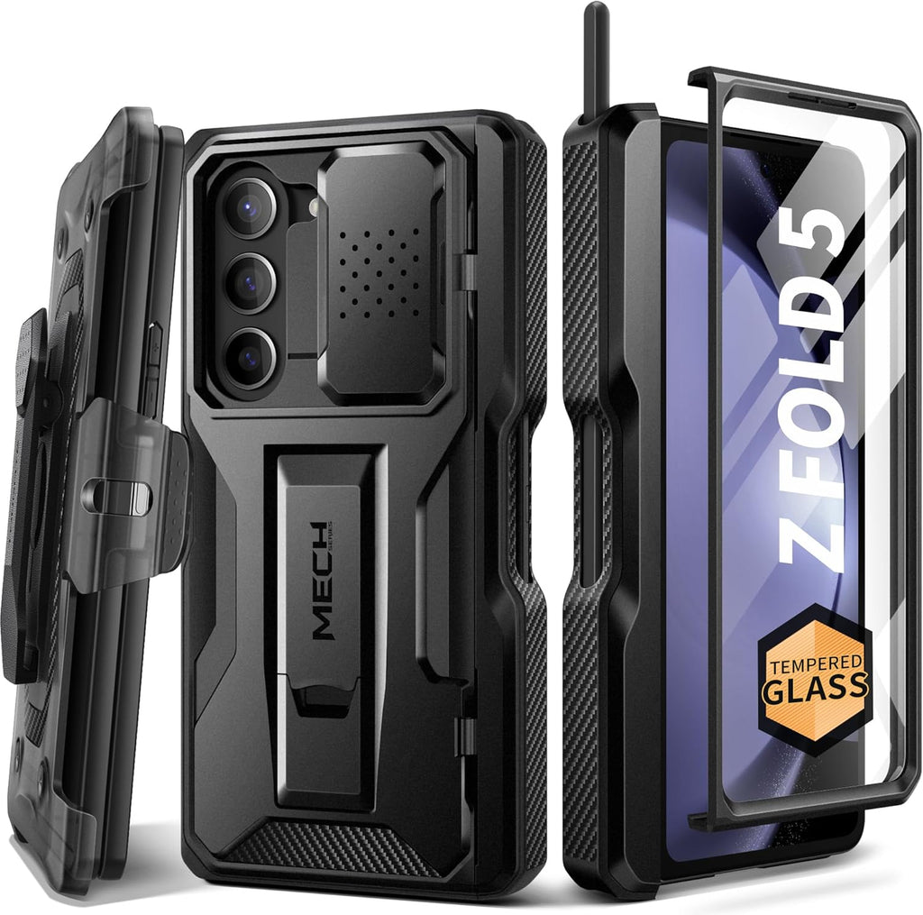 TONGATE for Z Fold 5 Case, [with S Pen Slot & Hinge Protection] [Tempered Glass Screen Protector] Full-Body Military Drop Phone Case for Samsung Galaxy Z Fold 5 with Kickstand & Belt Clip, Black