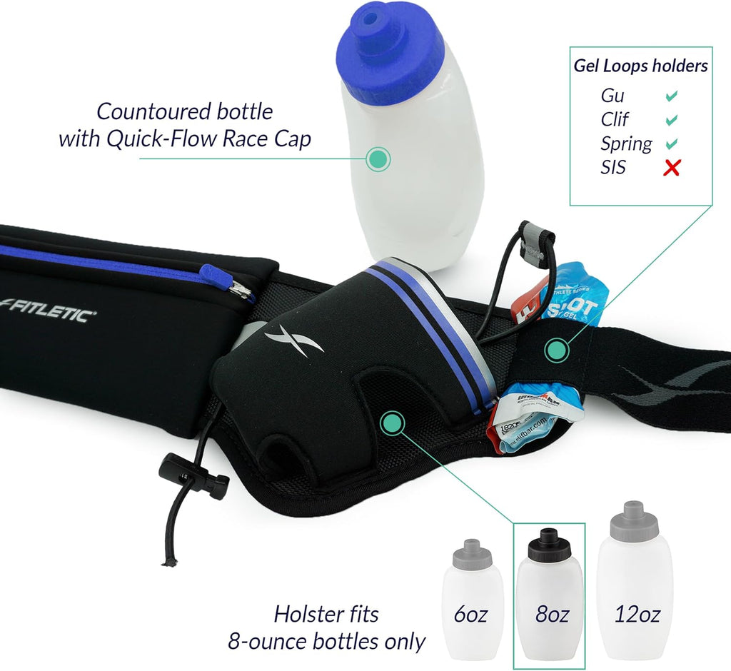 Fitletic Hydration Running Belt with Water Bottles for Men & Women – 2 Quick Flow 8oz Running Water Bottles, Patented Bounce Free Design, Water Resistant Pouch Fits All Phones – Hydra 16