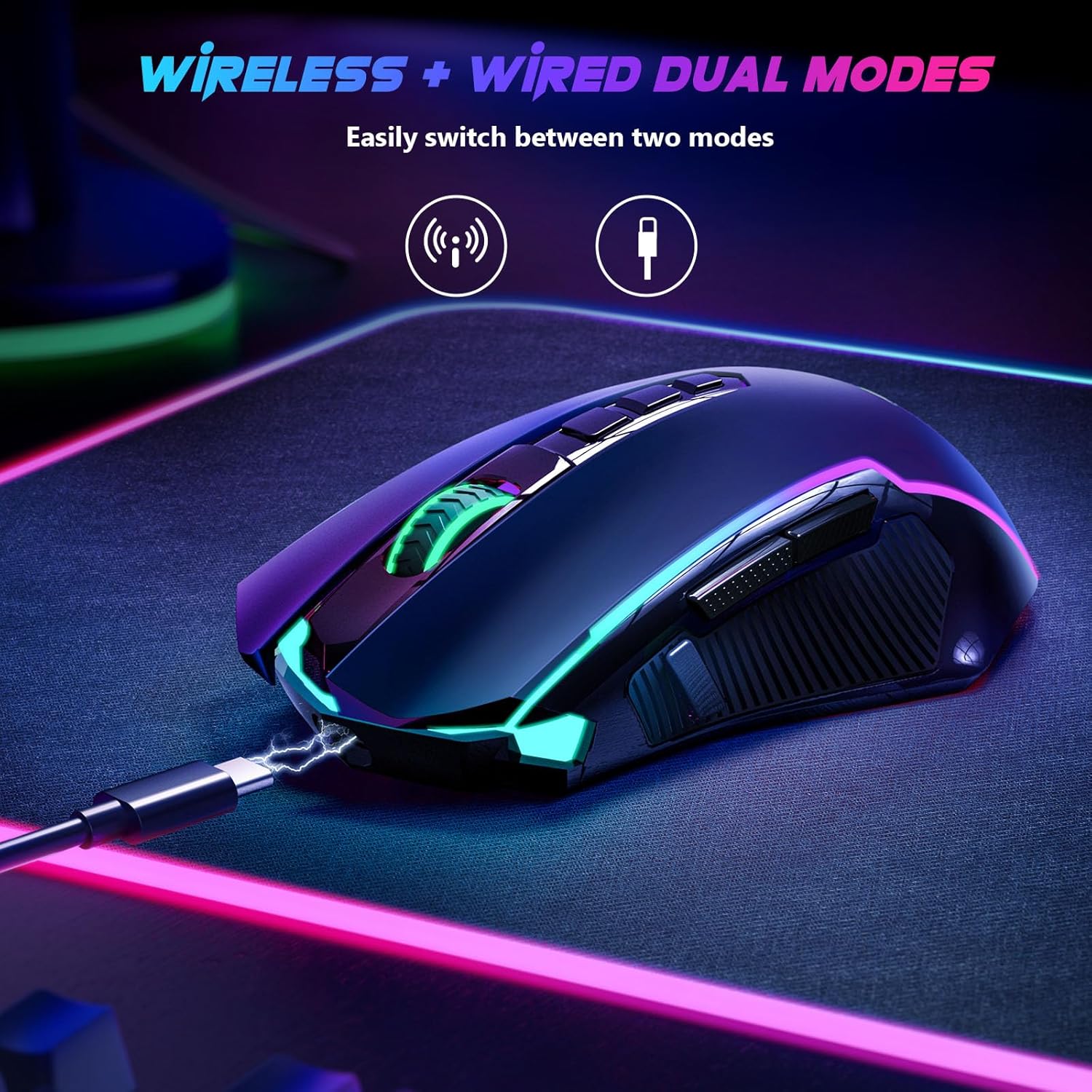 Redragon Gaming Mouse, Wireless Mouse Gaming with 8000 DPI, PC Gaming Mice with Fire Button, RGB Backlit Programmable Ergonomic Mouse Gamer, Rechargeable, 70Hrs for Windows, Mac Gamer, Black