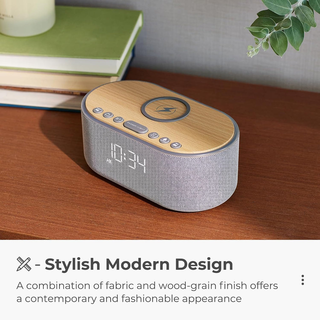 uscce Alarm Clock Bluetooth FM Radio: 10W Stereo Sound Speaker - Fast Wireless Charging for iPhone Samsung - Dimmable Clock Radio for Bedroom