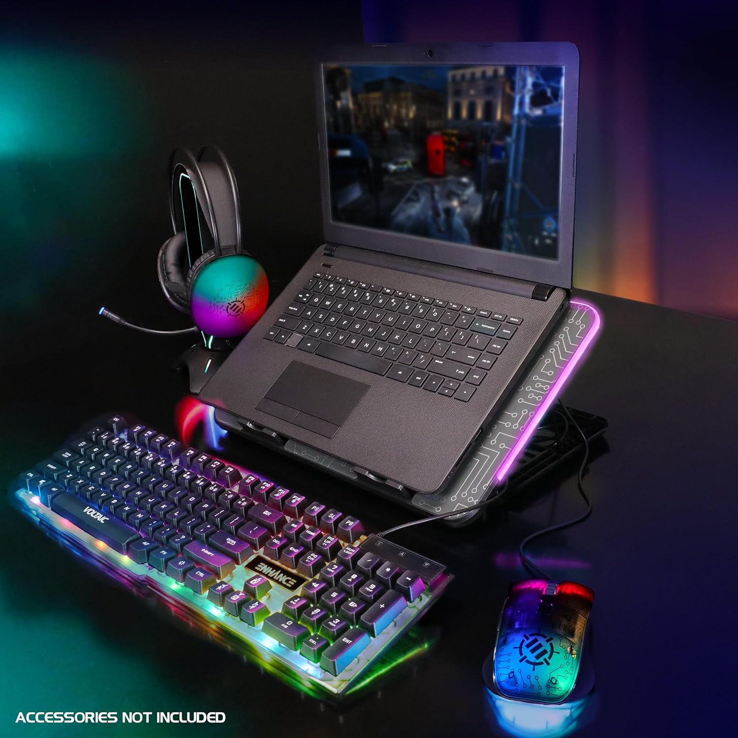ENHANCE Gaming Voltaic 2 Laptop Cooling Stand - Laptop Cooling Pad with 6 Blue LED Fans, 7 Height Settings, RGB Lighting - Metal Top Cooler Pad with Phone Stand, 2 USB Ports for up to 17 inches