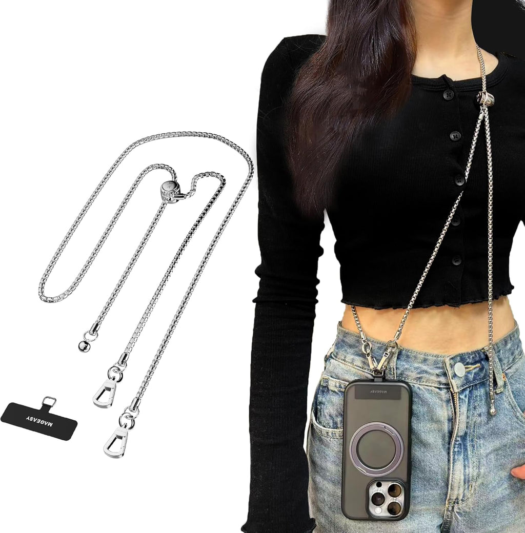 MAGEASY Crossbody Phone Chain Strap - Universal Metal Crossbody Phone Lanyard With Adjustable Length, Chic Cell Phone Necklace Crossbody Strap for iPhone & Android Phones - Silver Metal