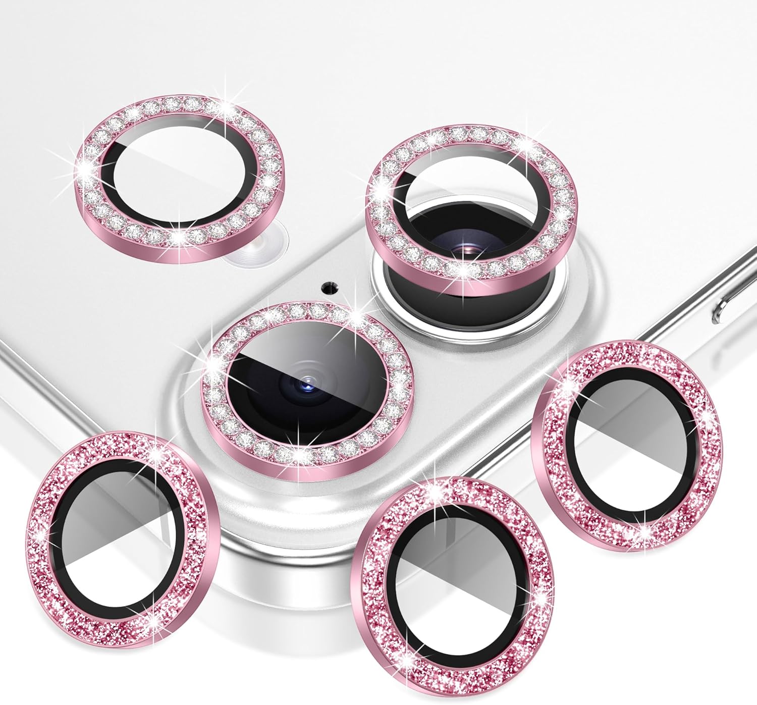 AGVEE 3+3 6 Pack for iPhone 16 6.1" / 16 Plus 6.7" Camera Lens Cover Protector, Bling Diamond & Bling Glitter Metal Ring 9H Tempered HD Glass Camera Cover Protector Film, Bling-Pink