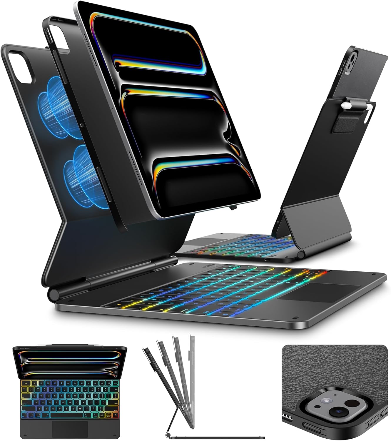 typecase Edge+ Keyboard Case for 2024 iPad Pro 13-inch (M4),Black Keyboard with Litchi Grain Protective Case,Portrait & Typing Modes,Built-in Trackpad,11-Color Backlight,Magnetic Stand,Pencil Holder