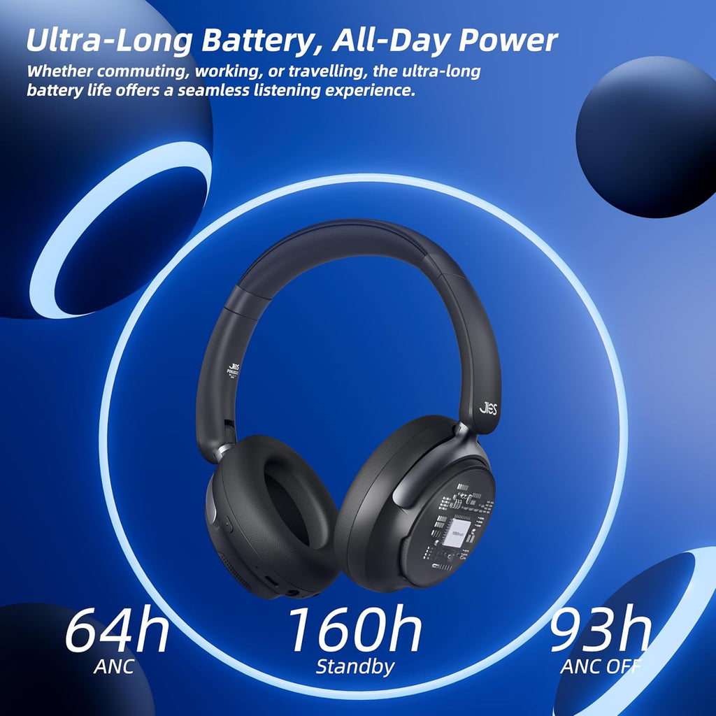 FunHub Active Noise Cancelling Headphones,Wireless Headphones BT 6.0 with Transparent Mode,Hi-Res Audio,Deep Bass,160H Playtime Foldable Storage Over Ear Headset for Gaming/Work/Travel-Black