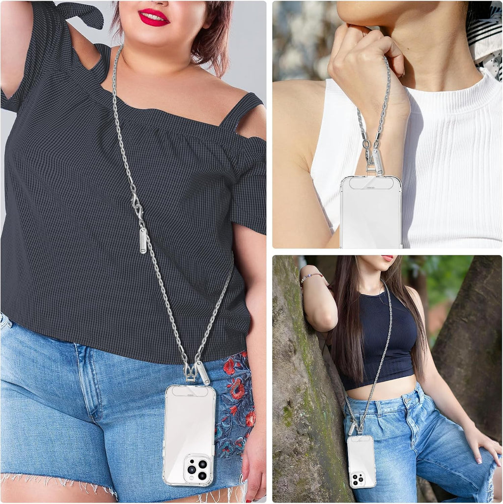 Metal Phone Chain, Crossbody Detachable Phone Lanyard with 1*Wrist Strap & 2* Tether Tabs for iPhone and Smartphones (Pale Silver,Extend)