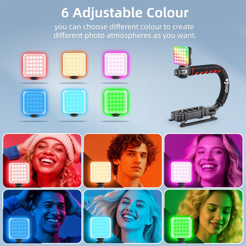 Zeadio Smartphone Camera Stabilizer Kit, Portable Handle Grip Handheld Video Rig with RGB Video Light and Microphone, Fits for All Camcorder, Camera, DSLR and All iPhone and Android Smartphones
