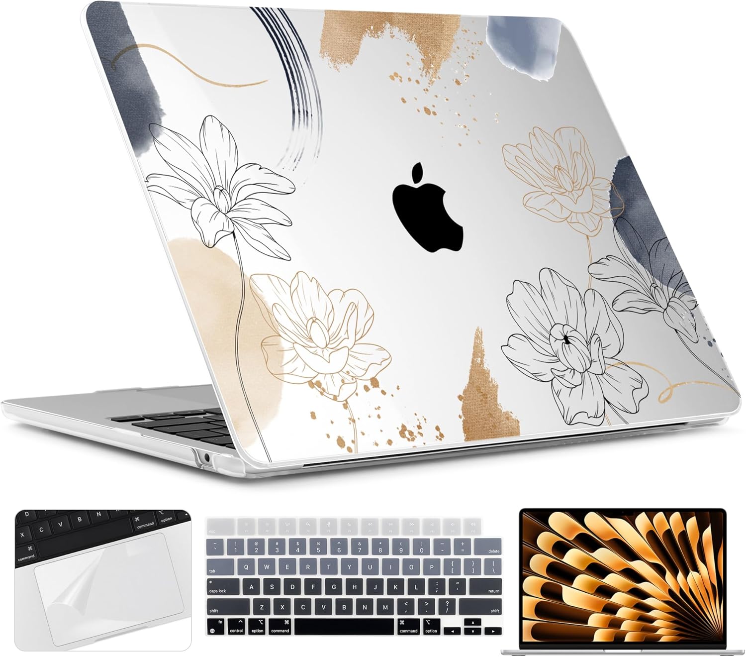 TWOLSKOO Compatible with M4 MacBook Air 15 inch Case 2025-2023 Released Model M4 A3241 M3 A3114 M2 A2941, Plastic Hard Shell & Screen Protector & Keyboard Cover & Trackpad Film, Florals X450