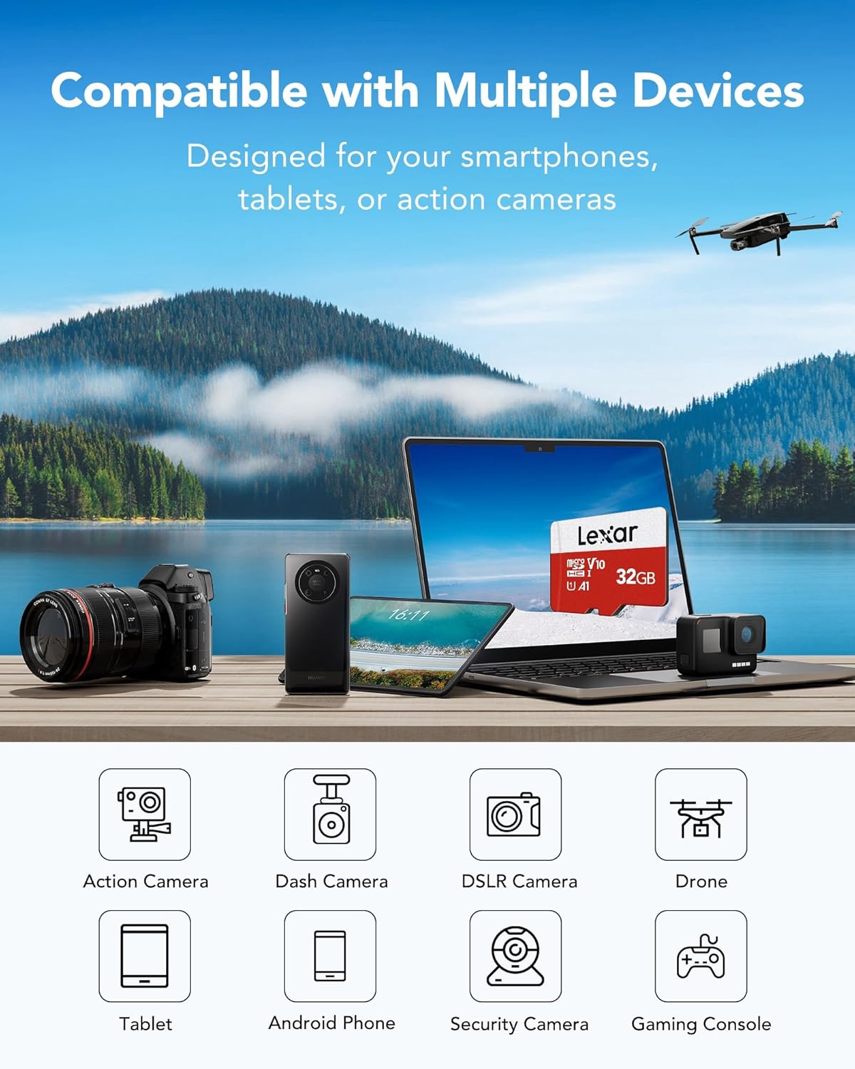 Lexar E-Series 32GB Micro SD Card 5 Pack, microSDHC UHS-I Flash Memory Card with Adapter, 100MB/s, C10, U1, A1, V10, Full HD, High Speed TF Card