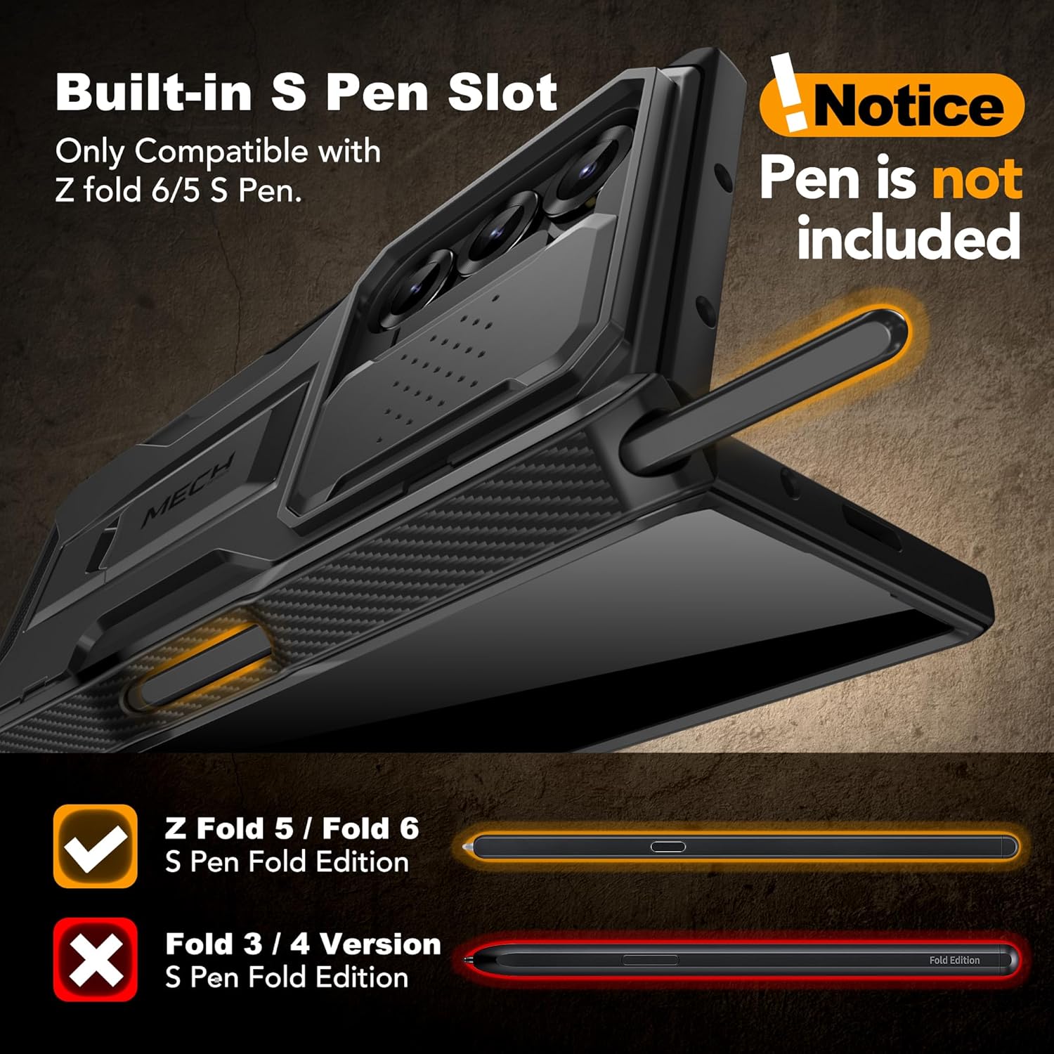 TONGATE for Z Fold 6 Case, [with S Pen Slot & Hinge Protection] [Privacy Glass Screen Protector] Full-Body Military Drop Phone Case for Samsung Galaxy Z Fold 6 with Kickstand & Belt Clip, Black