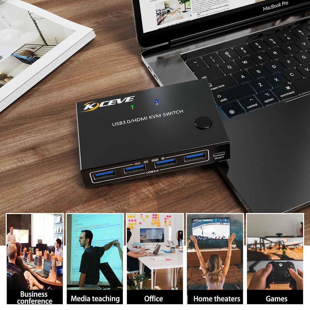 HDMI KVM Switch 1 Monitors 2 Computers 4K@60Hz, USB3.0 KVM Switches EDID Simulator 2 Ports for 2 PC Sharing Single Monitor and Keyboard Mouse with Wired Extend Controller and USB3.0 Cables