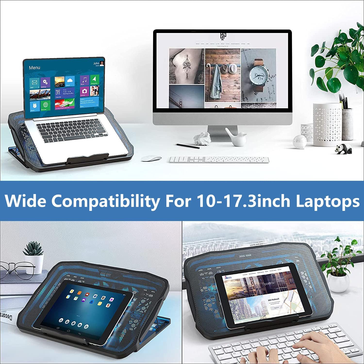 Adjustable Laptop Stand with 6 Quiet Cooling Fans, Upgraded Laptop Cooler Cooling Pad, Aluminum Laptop Stand for Desk Foldable, Ergonomic Computer Notebook Stand Holder for All Laptops and Notebook