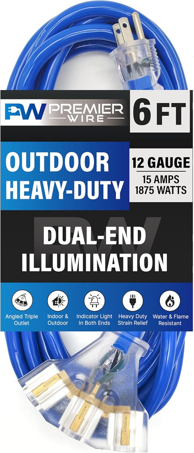 6 ft - 12 Gauge Heavy Duty Extension Cord - Lighted on Both Ends - SJTW Blue - Outdoor Extension_Cord Waterproof 6 ft by Premier Wire - 15 Amp ExtensionCord (6 Foot 12-Awg Power Cord Blue)