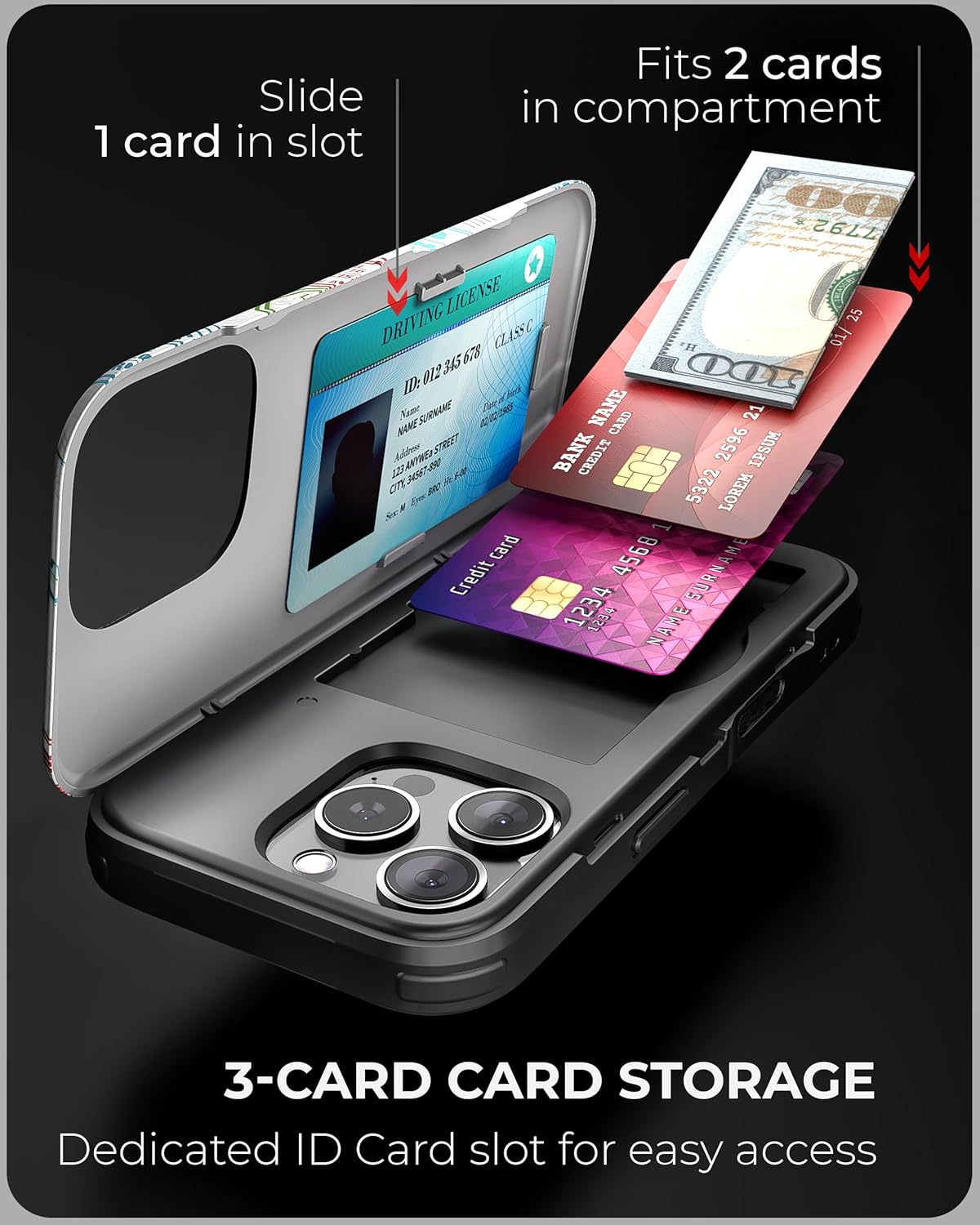 TORU CX Slim for iPhone 16 Pro Case Wallet | Protective Shockproof Heavy Duty Cover with Hidden Card Holder & Card Slot | Mirror & Wrist Strap Included - Travel Stamps
