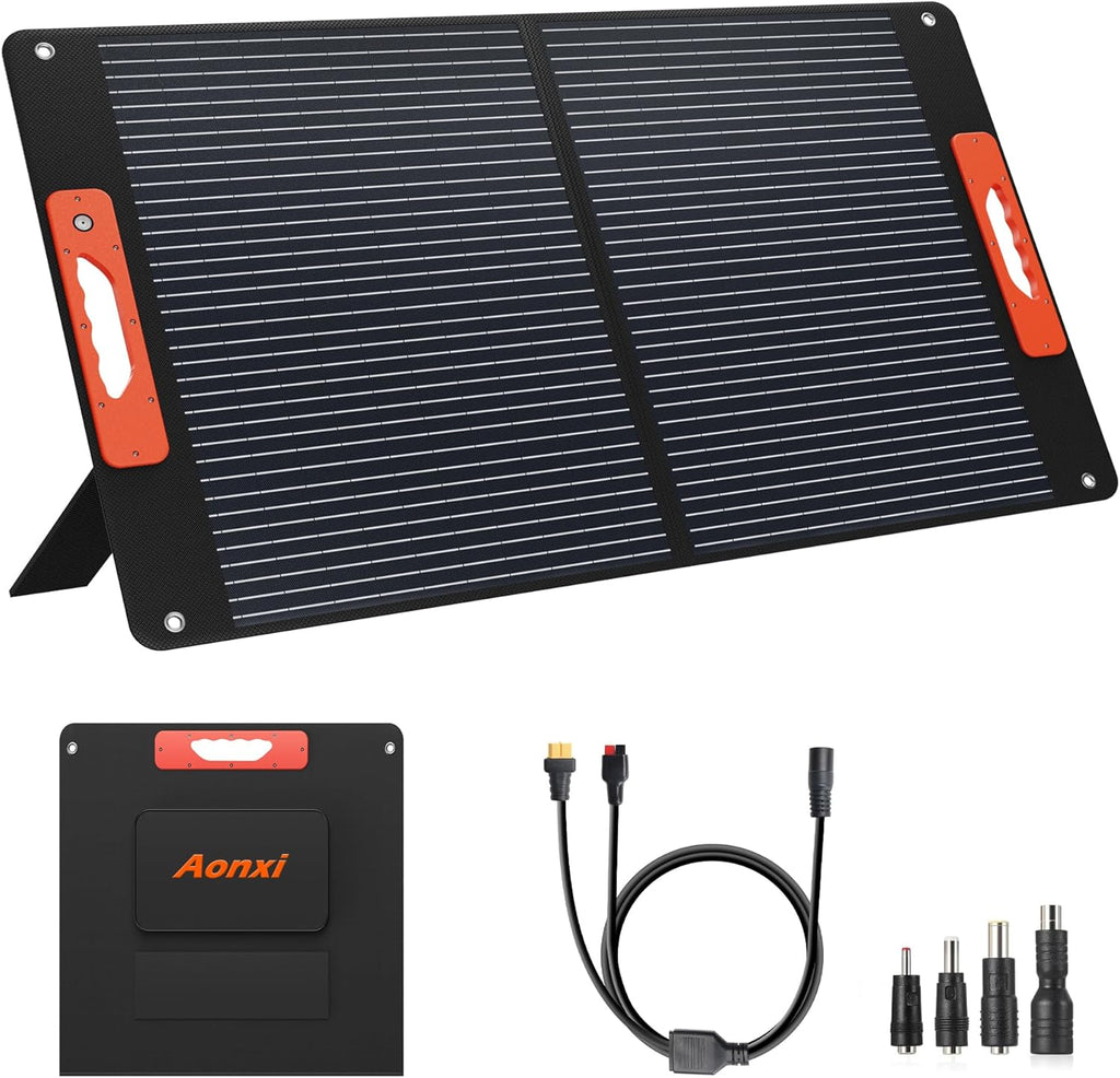 120W Portable Solar Panels for Power Station, Solar Angle Guide, Monocrystalline ETFE Foldable Solar Panel Charger with QC3.0 USB/Type-C, 20V DC Output Adjustable Kickstands for Camping RV Blackout