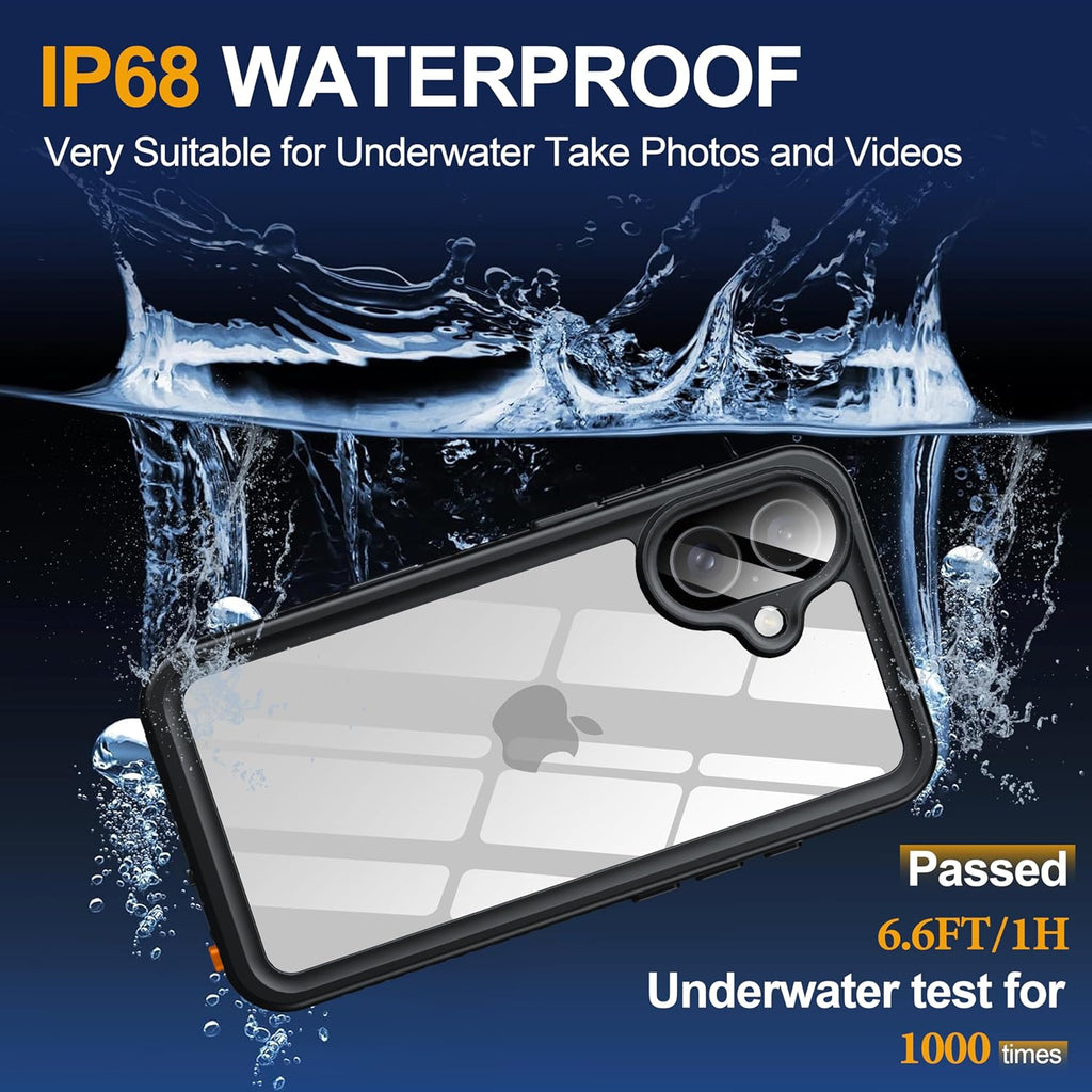 for iPhone 16 Case Waterproof, Built-in Privacy Screen & HD Screen Double Front Frame [IP68 Underwater] Shockproof Dustproof Full Body Protection iPhone 16 Phone Case Black