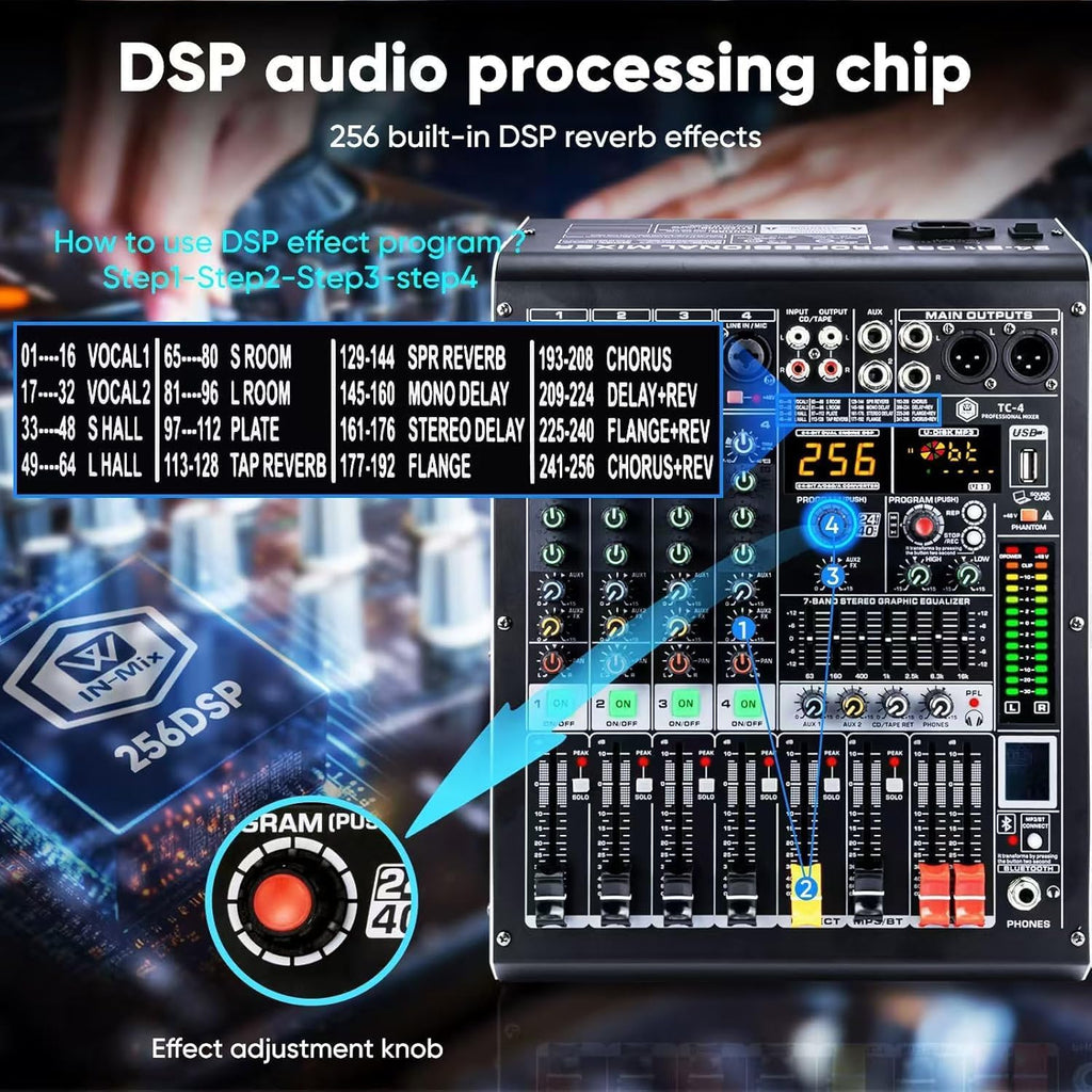 W IN-MIX 4 Channel Professional Audio Mixer with MP3 Player and Bluetooth U disk 48V Phantom Power Source USB recording for Studio Recording, Live Performances