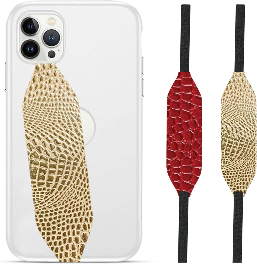 Phone Grip Strap - Pack of 2 Reversible Finger Holder for Phone Back, Customizable Anti-Slip Design, Wireless Charging Compatible Detachable Holder for iPhone - Gold & Red Alligator