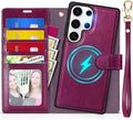 TUCCH Case Wallet for Galaxy S25 Ultra, [Detachable] 2 in 1 Magnetic PU Leather Wrist Strap RFID Blocking Wireless Charging 4 Card Slot Kickstand Removable Flip Cover for Galaxy S25 Ultra, Plum Purple