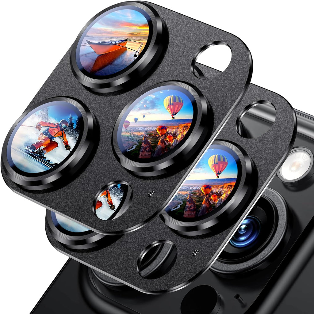 Uyiton Compatible with Phone 16 Pro/Phone 16 Pro Max Camera Lens Protector - [Not Easy to Break][Strong Adsorption][Case-Friendly] Metal Tempered Glass Rear Camera Screen Cover - Black, 2 Pack