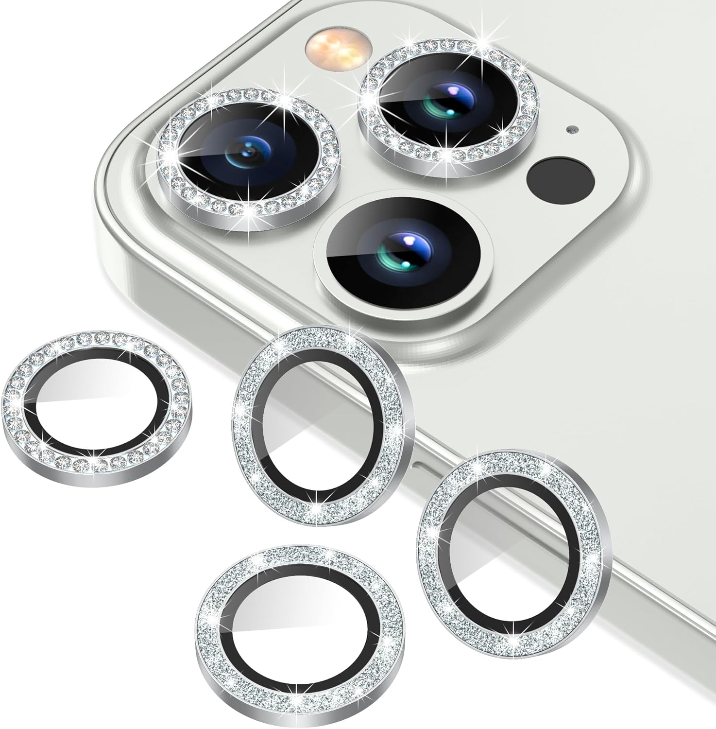 AGVEE 3+3 6 Pack for iPhone 13 Pro/Pro Max, Bling Diamond & Glitter Metal Ring 9H Tempered HD Glass Camera Cover Protector Film