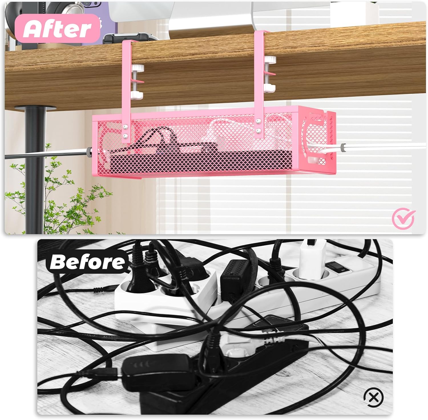 Under Desk Cable Management Tray, 15.7'' No Drill Steel Desk Cable Organizers, Wire Management Tray Cable Management Rack (1 Pack-Pink)
