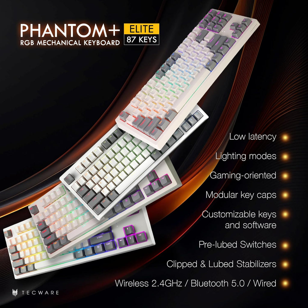 TECWARE Phantom+ Elite 87 Key RGB Mechanical Gaming Keyboard, LED Backlit, Universal Hot-Swap, Wired and Wireless, 3 Mode Connectivity, Thocky Sounding, White Elite Wraith Red