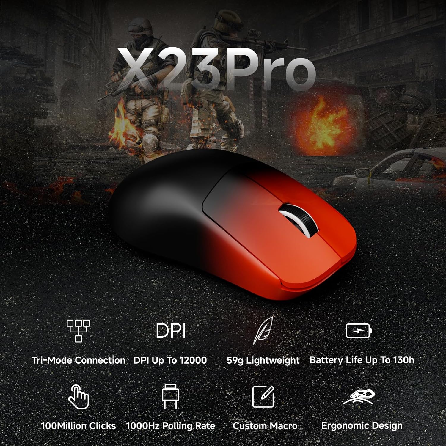 EWEADN X23Pro Wireless Gaming Mouse, 2.4G/BT5.0/USB-C Esports Gaming Mouse, 49g Lightweight Mouse Gaming, 12000 DPI Wireless Mouse with 6 Programmable Buttons, for Laptop/PC/Mac, Black-red